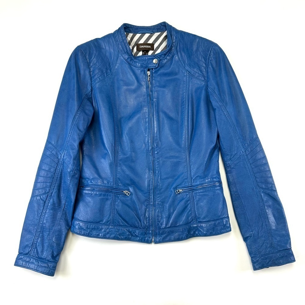 Danier blue leather moto style leather womens bomber jacket size Small